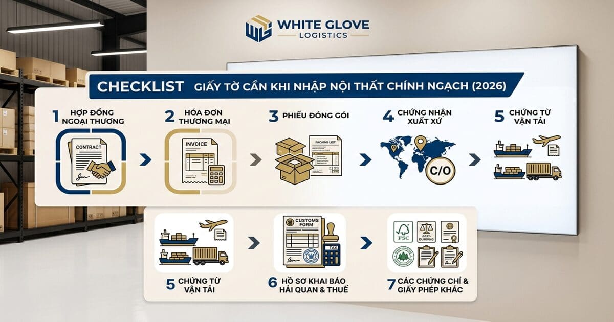 Minh hoạ 1: Checklist giấy tờ cần khi nhập nội thất chính ngạch (2026) — White Glove Logistics