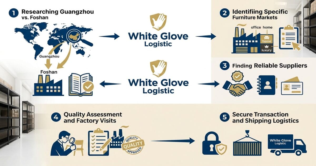 Minh hoạ 1: Cách chọn nguồn nội thất Trung Quốc uy tín — Quảng Châu vs Phật Sơn — White Glove Logistics