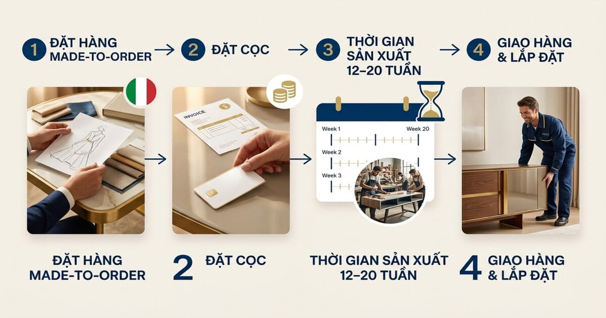 Minh hoạ 1: Làm việc với xưởng nội thất Ý: made-to-order, đặt cọc và lead time 12–20 tuần — White Glove Logistics