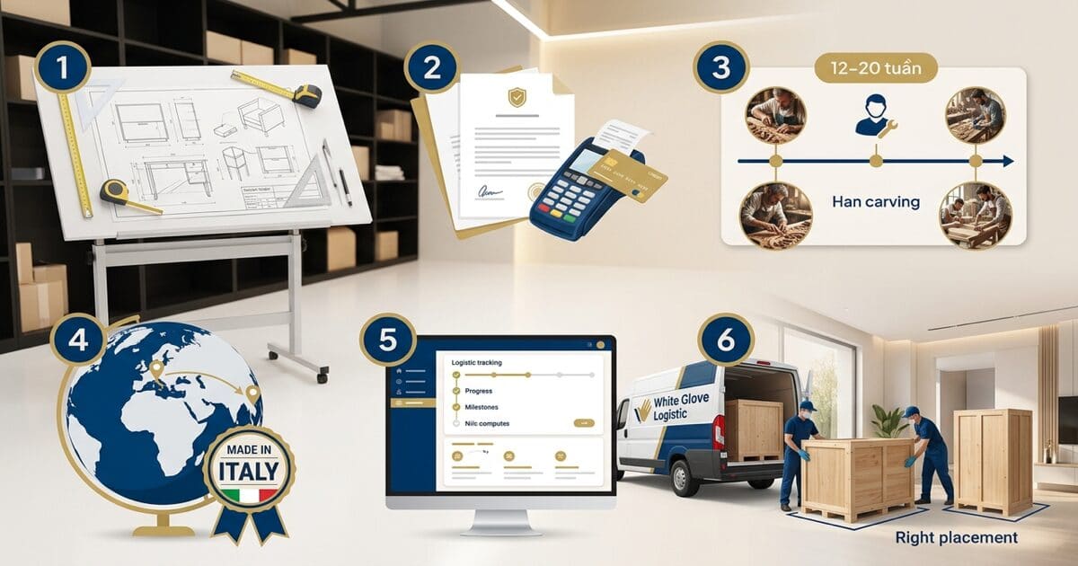Minh hoạ 2: Làm việc với xưởng nội thất Ý: made-to-order, đặt cọc và lead time 12–20 tuần — White Glove Logistics