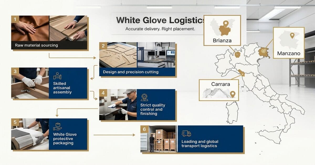 Minh hoạ 1: Xưởng nội thất Ý ở đâu? Bản đồ vùng sản xuất Brianza – Manzano – Carrara — White Glove Logistics
