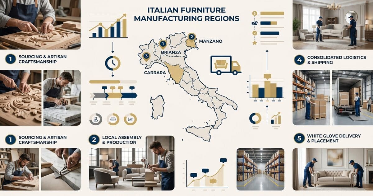 Minh hoạ 2: Xưởng nội thất Ý ở đâu? Bản đồ vùng sản xuất Brianza – Manzano – Carrara — White Glove Logistics