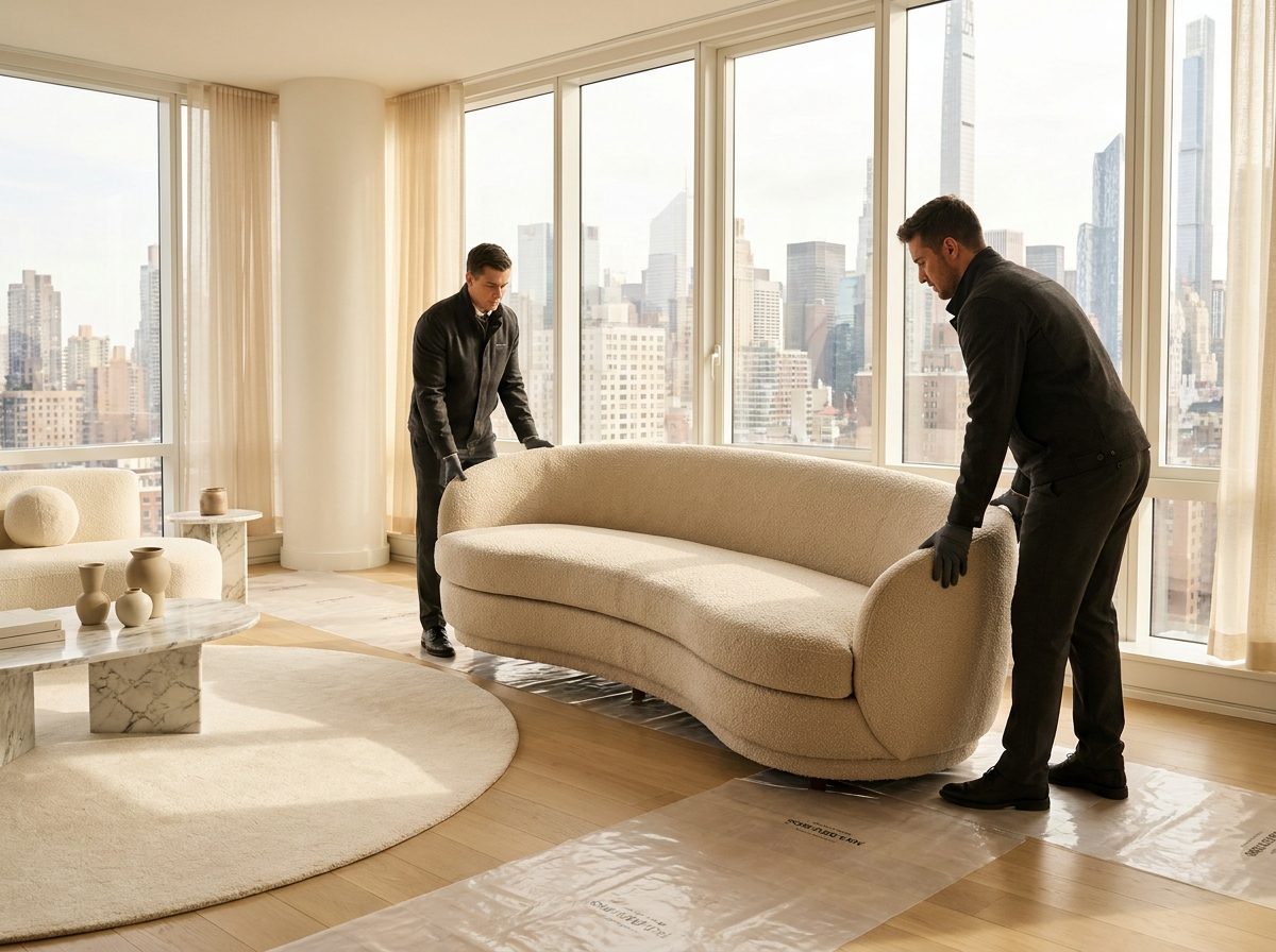 Bước Deliver & Install — đội ngũ đặt sofa vào vị trí trong căn hộ cao cấp